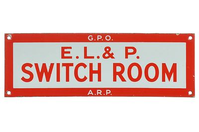 General Post Office WWII SSP Switch Room Door Sign. A G.P.O. E.L. &amp; P. Switch Room A.R.P. 