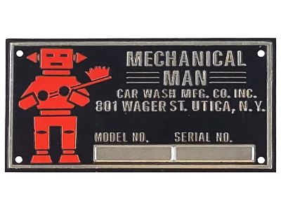 Vintage Mechanical Man Car Wash Mfg. Data Plate NOS. This rare vintage Mechanical Man Car Wash 