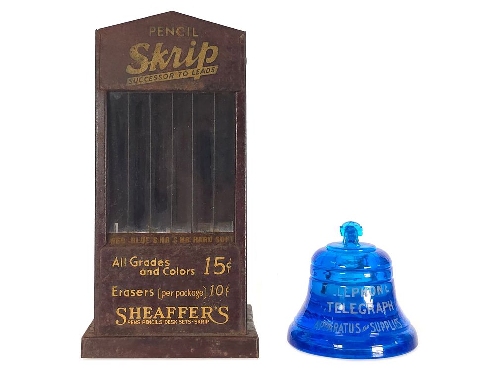 Lot 186: (2) Pencil-Skrip Eraser Vending Machine & Advertising Glass Inkwell