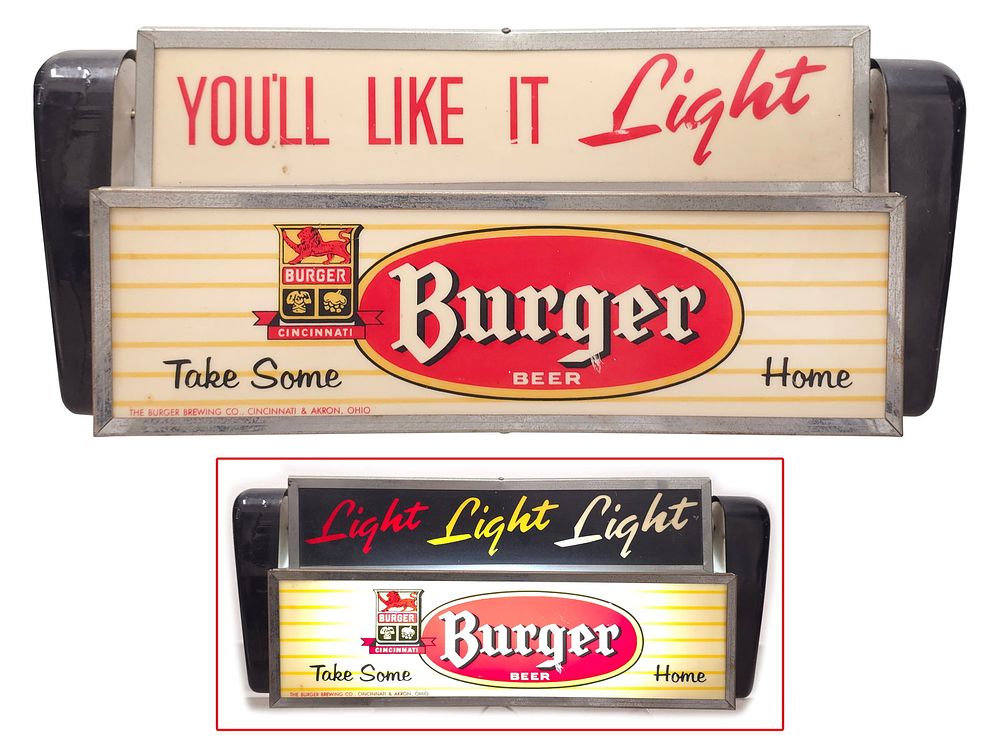 Lot 201: 1950s Burger Beer Light Up Sign w/3 Slogan Revolving Panels