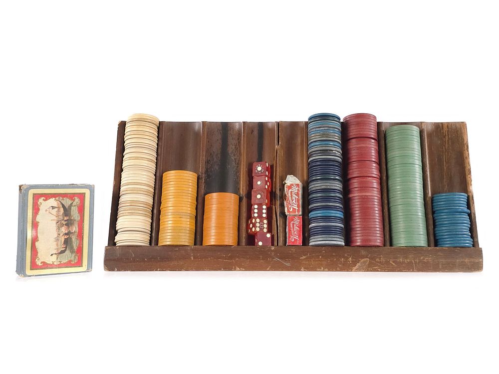 Lot 220: Vintage Wooden Poker Chip Holder w/Illegal Shawgo's Chips & Dice