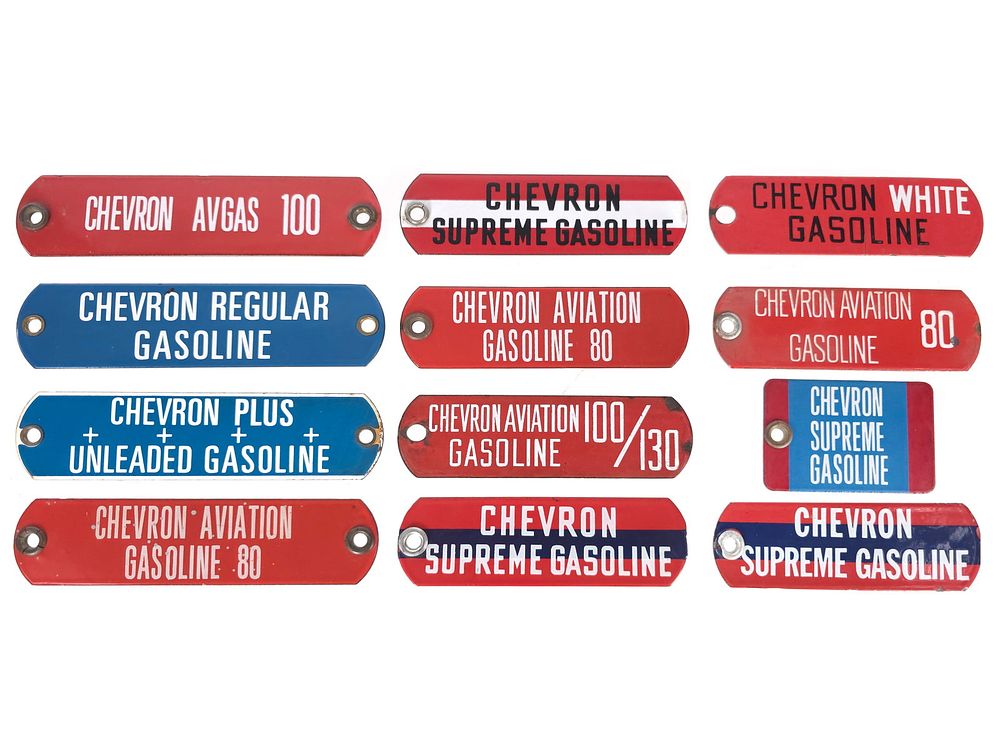 Lot 222: (12) Porcelain Chevron Gas Tags Avgas/Aviation/White/Supreme
