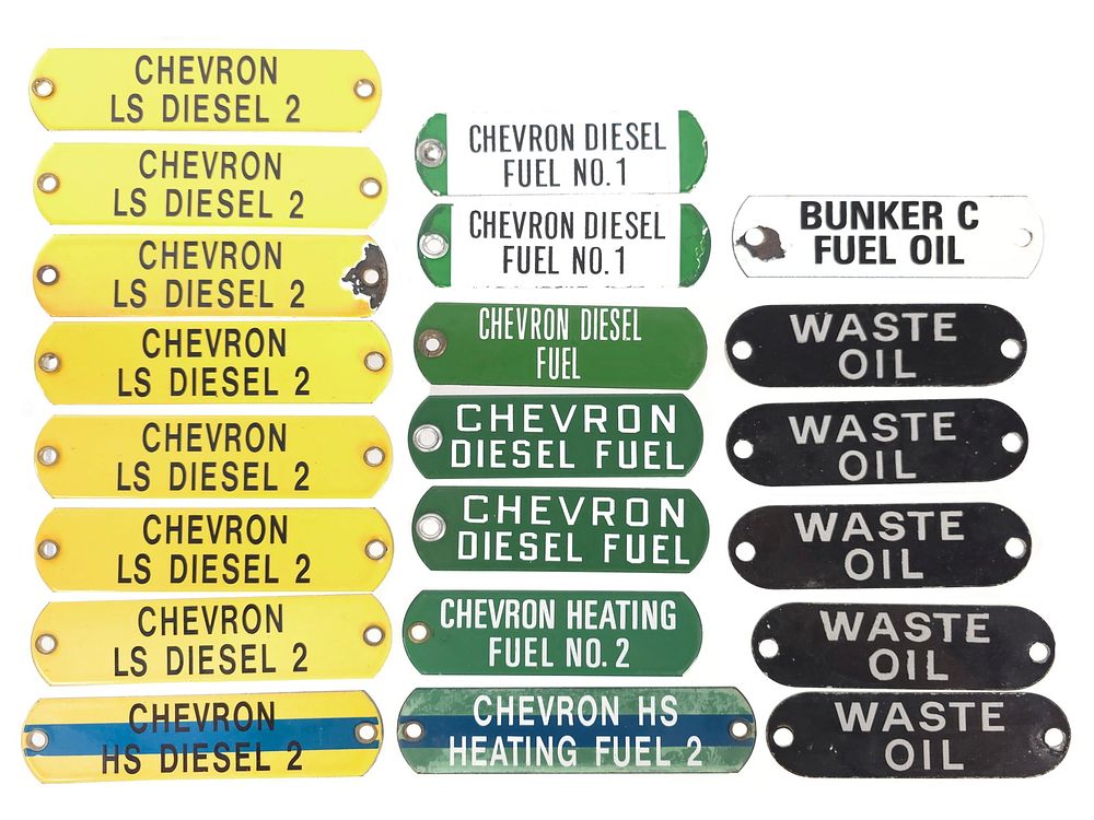 Lot 230: (21) Porcelain Chevron Diesel, Heating, Fuel & Waste Oil Tags