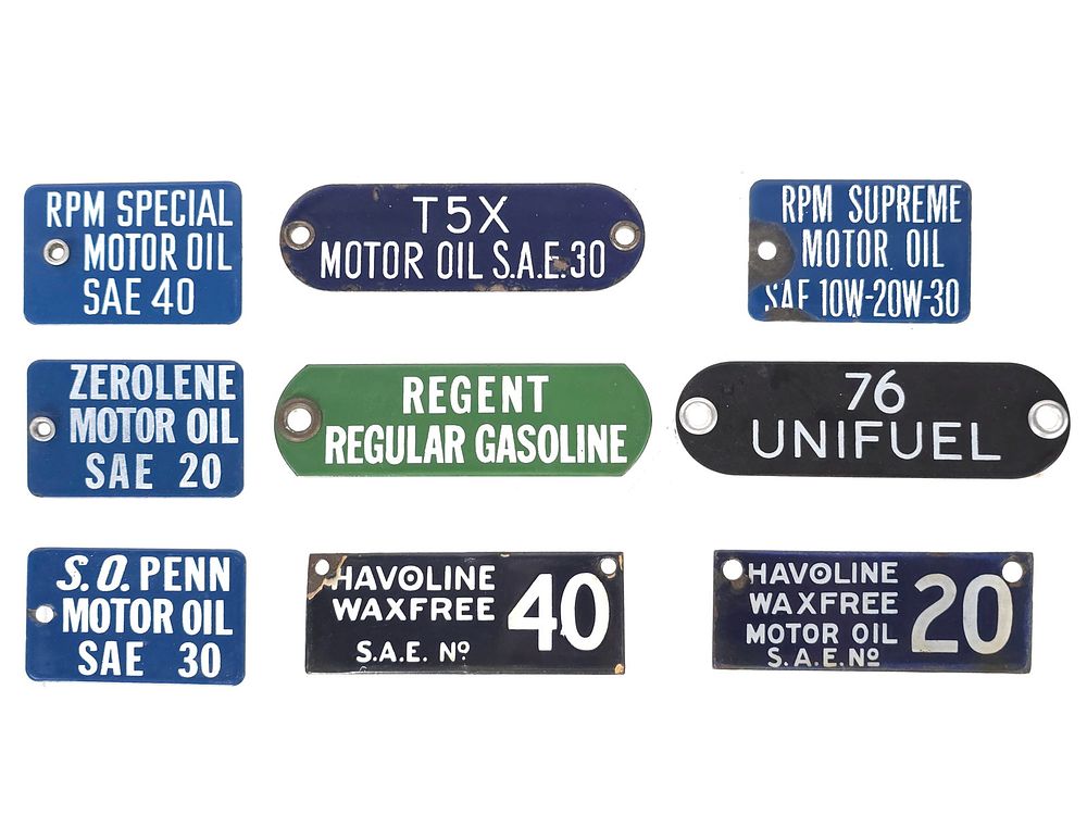 Lot 232: (9) Porcelain Mixed Motor Oil & Lubricant Tags Havoline/76/Regent/RPM