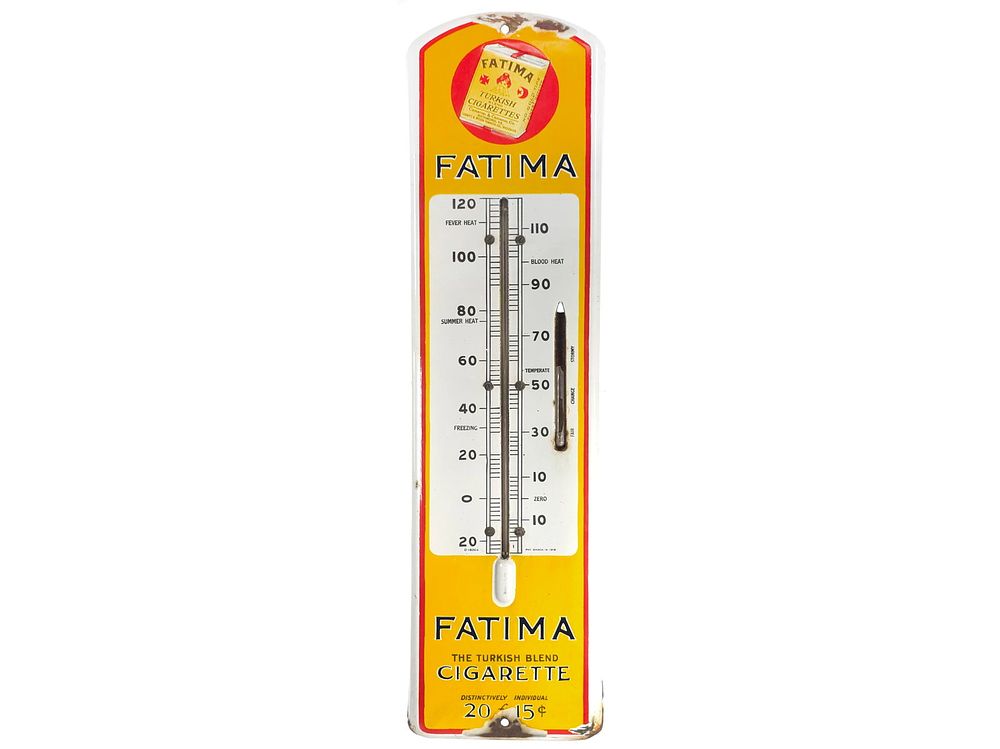 Lot 241: 1915-1920s Fatima Turkish Blend Cigarettes Porcelain Advertising Thermometer