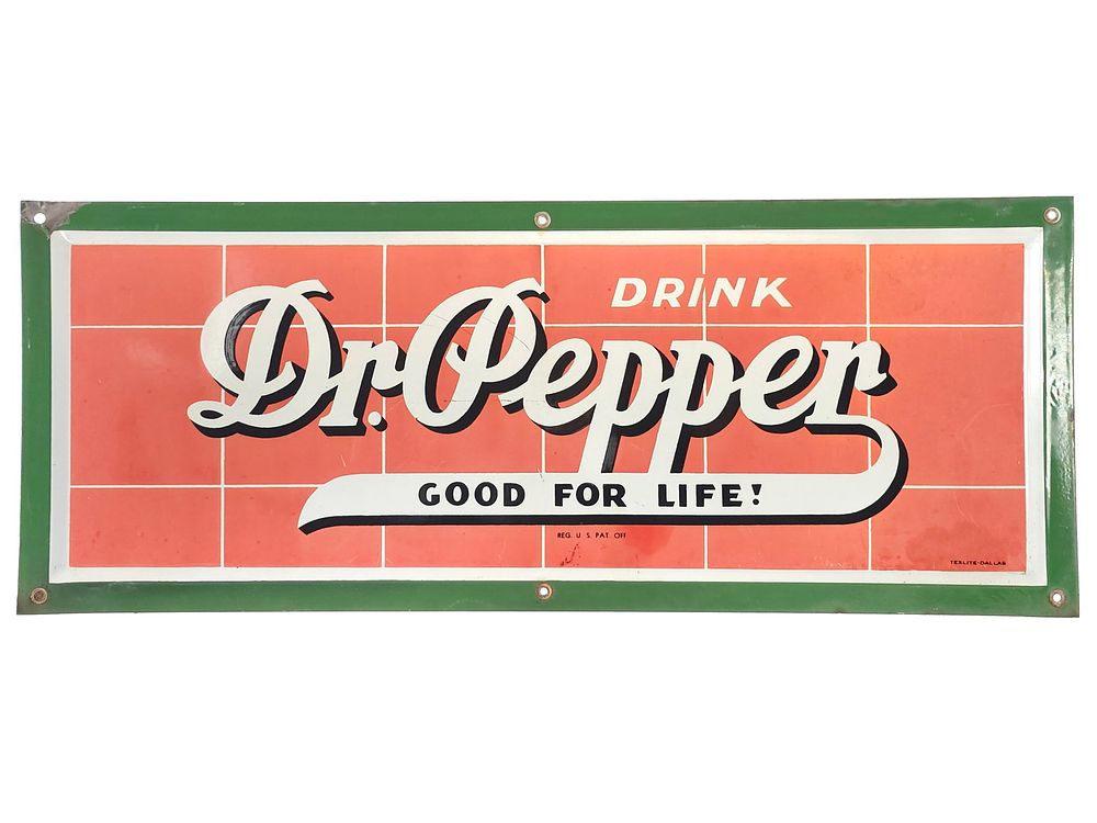 Lot 246: 1940s Dr. Pepper  Red Brick "Good for Life" SSP Advertising Sign