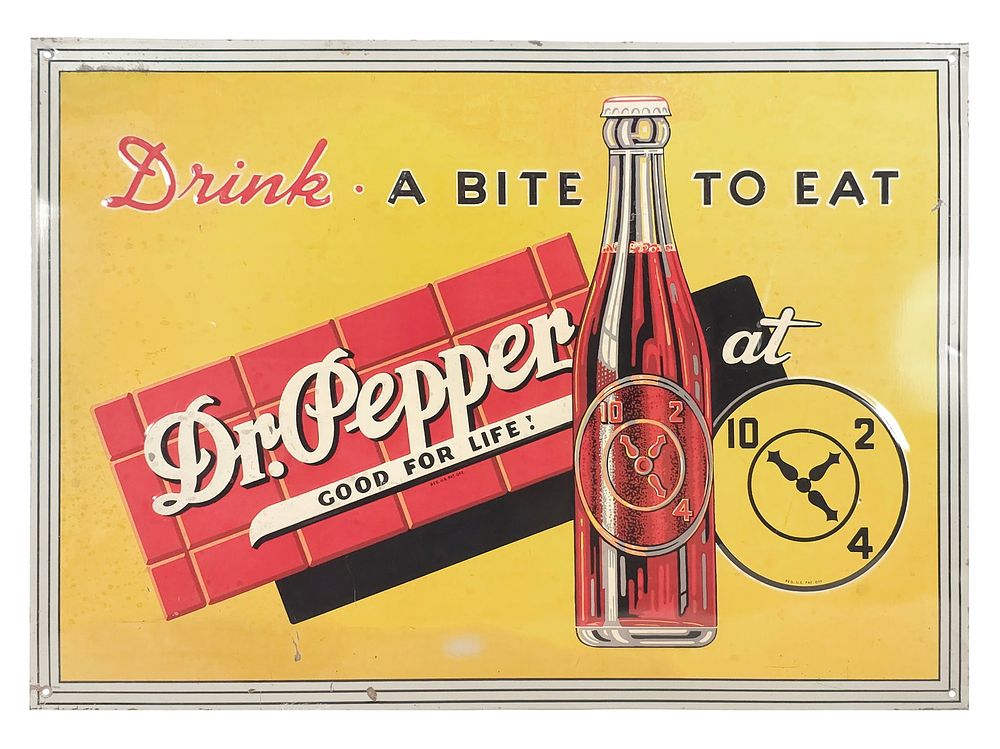 Lot 251: 1930s/1940s Dr. Pepper "Drink a Bite to Eat" SST Advertising Sign