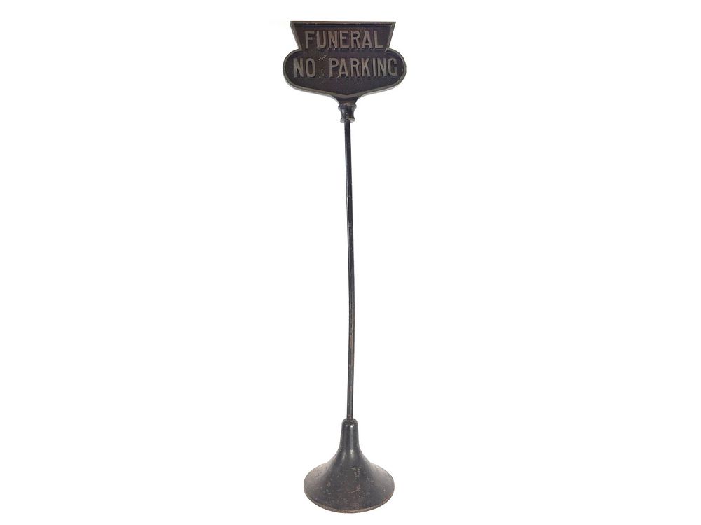 Lot 254: Antique Cast Iron "Funeral No Parking" Roadside Stanchion Sign