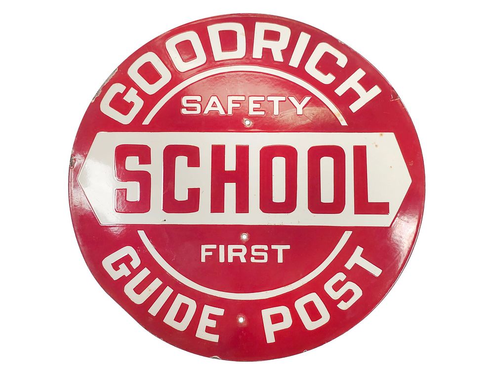 Lot 262: Goodrich Safety First "School Guide Post" Single-Sided Porcelain Sign 20"