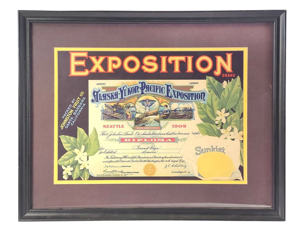 Lot 268: Framed 1909 Alaska Yukon Pacific Exposition Sunkist Lemon Crate Label