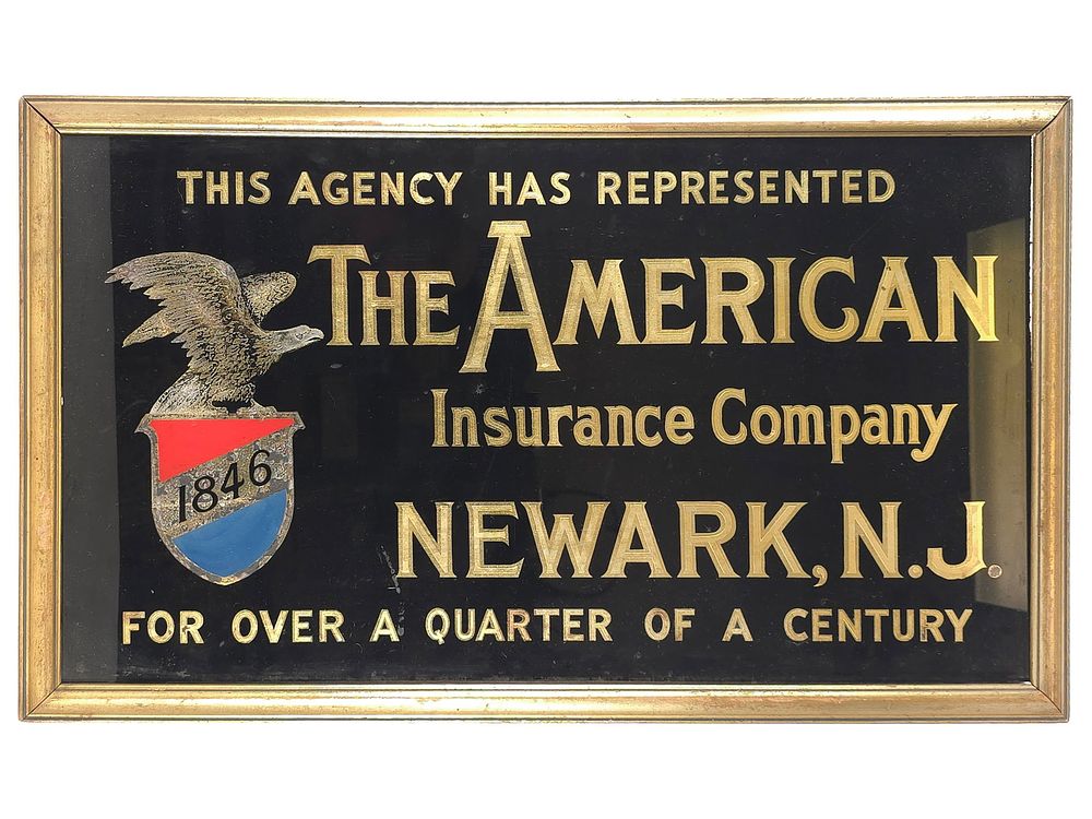 Lot 280: Antique American Insurance Co Gold Leaf Reverse Painted Glass Sign 25"