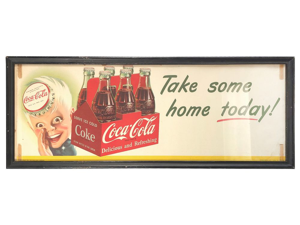 Lot 282: 1951 Coca-Cola "Take Some Home Today!" Framed Trolley Sign