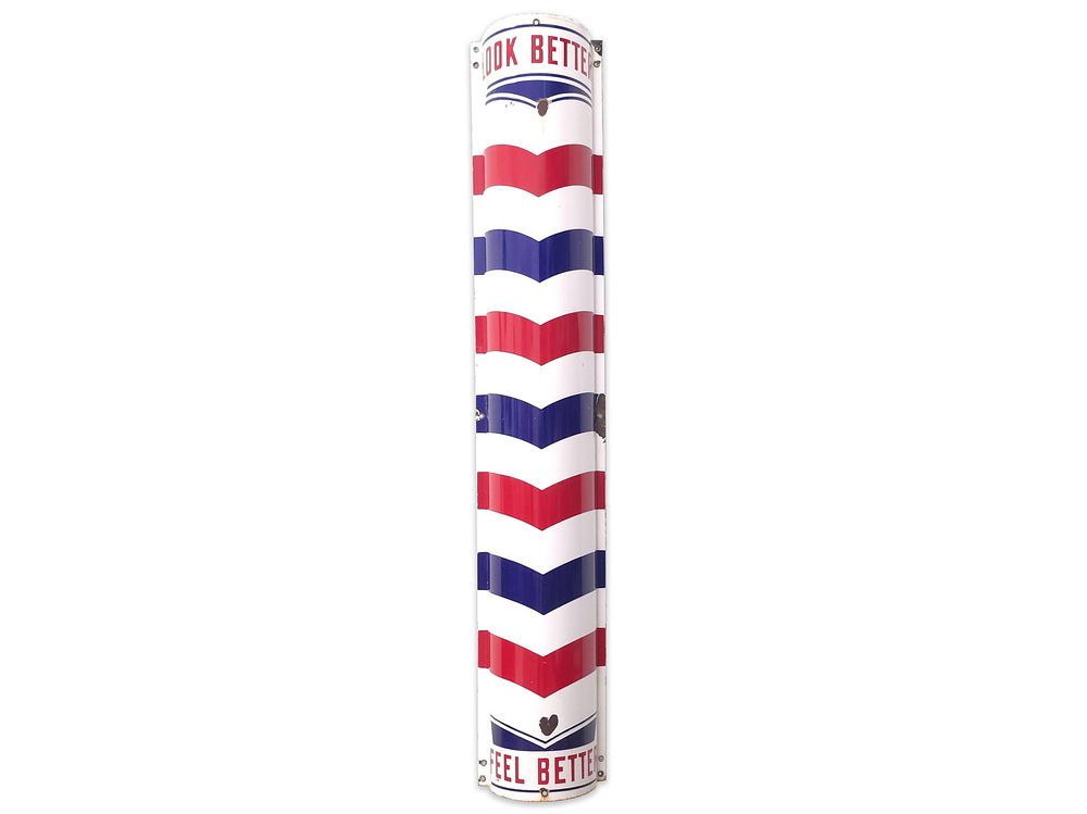 Lot 284: 1940s/1950s "Look Better - Feel Better" SS Porcelain Barber Pole Sign
