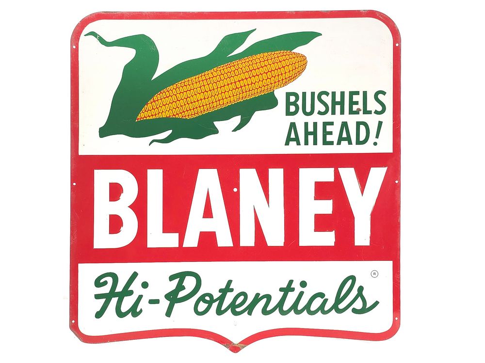 Lot 287: 1950s Blaney Seed Corn SST Embossed Advertising Sign