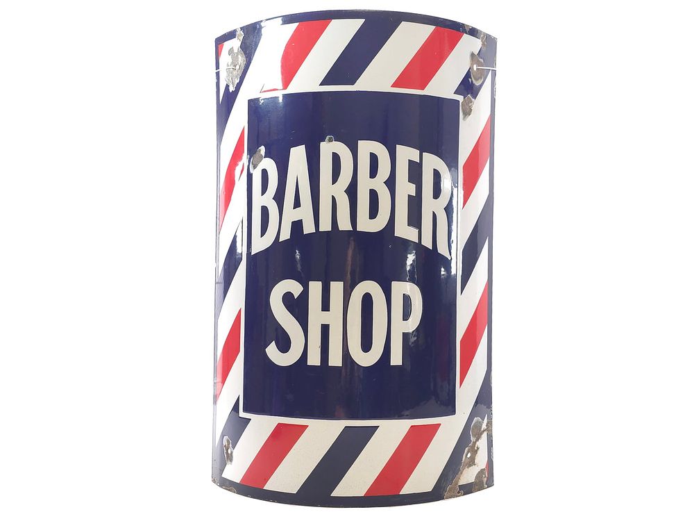 Lot 289: 1940s/1950s Porcelain Curved Marvy Barber Shop Sign