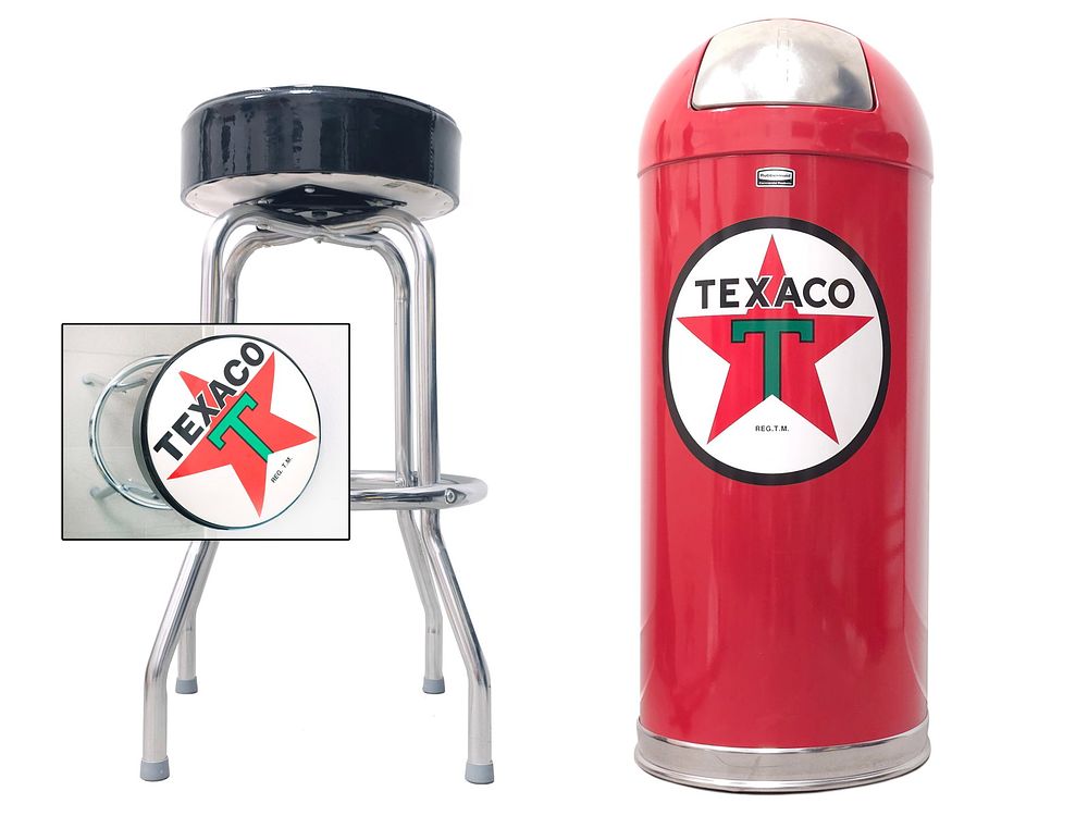 Lot 294: (2) Rubbermaid Texaco Metal Trash Can & Stool