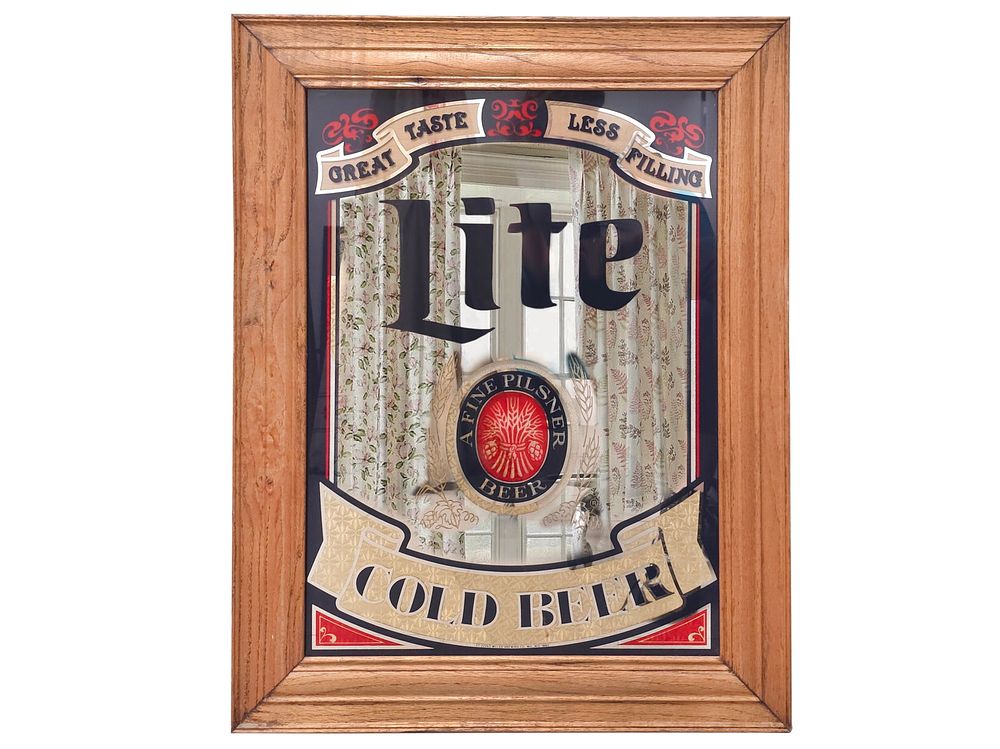 Lot 313: Vintage Miller Lite Wood Framed Advertising Bar Mirror