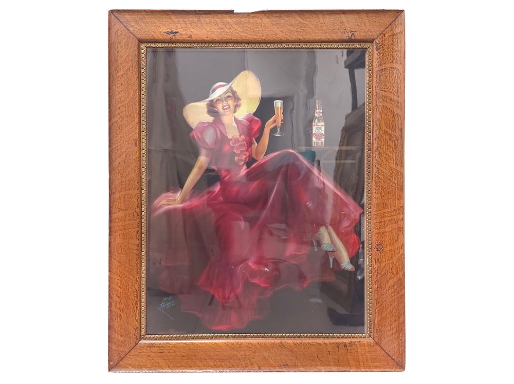 Lot 316: 1938 Cook's Beer "The Lady in Red" Framed Tin Advertising Sign