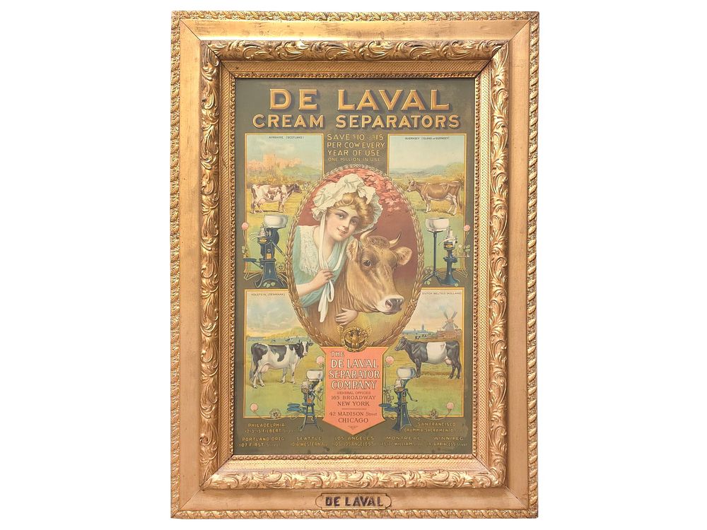 Lot 317: De Laval Cream Separators Tin Framed Advertising Sign
