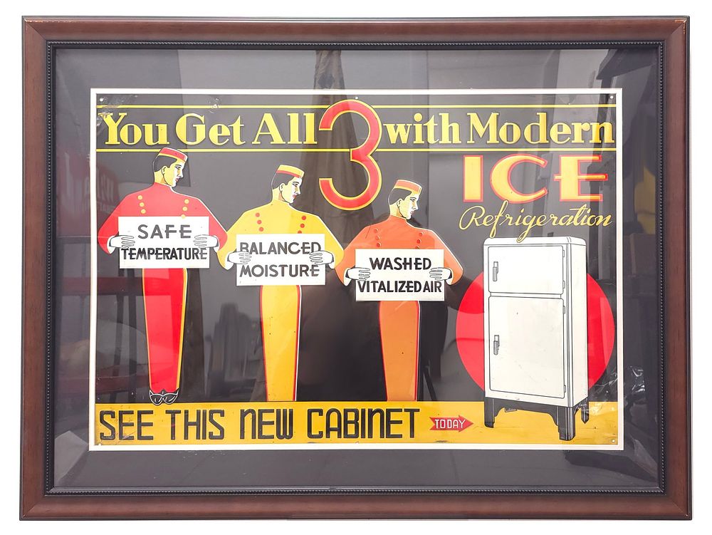 Lot 321: 1930s Modern ICE Refrigeration Tin Advertising Sign Framed