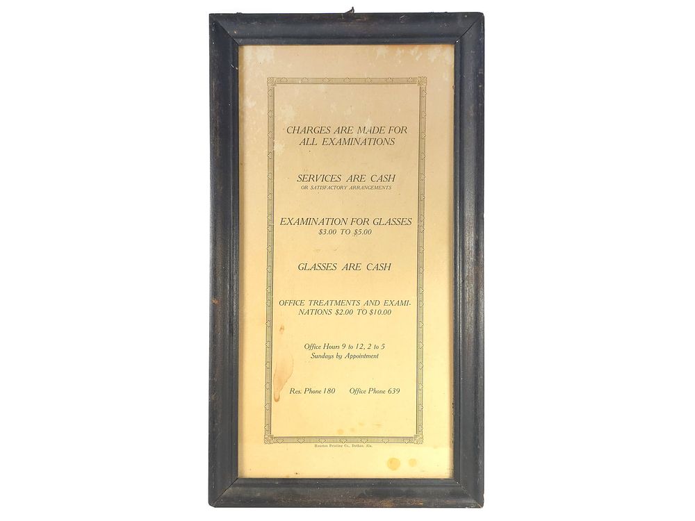 Lot 78B: Vintage Optometrist/Medical Office Policy Sign Framed