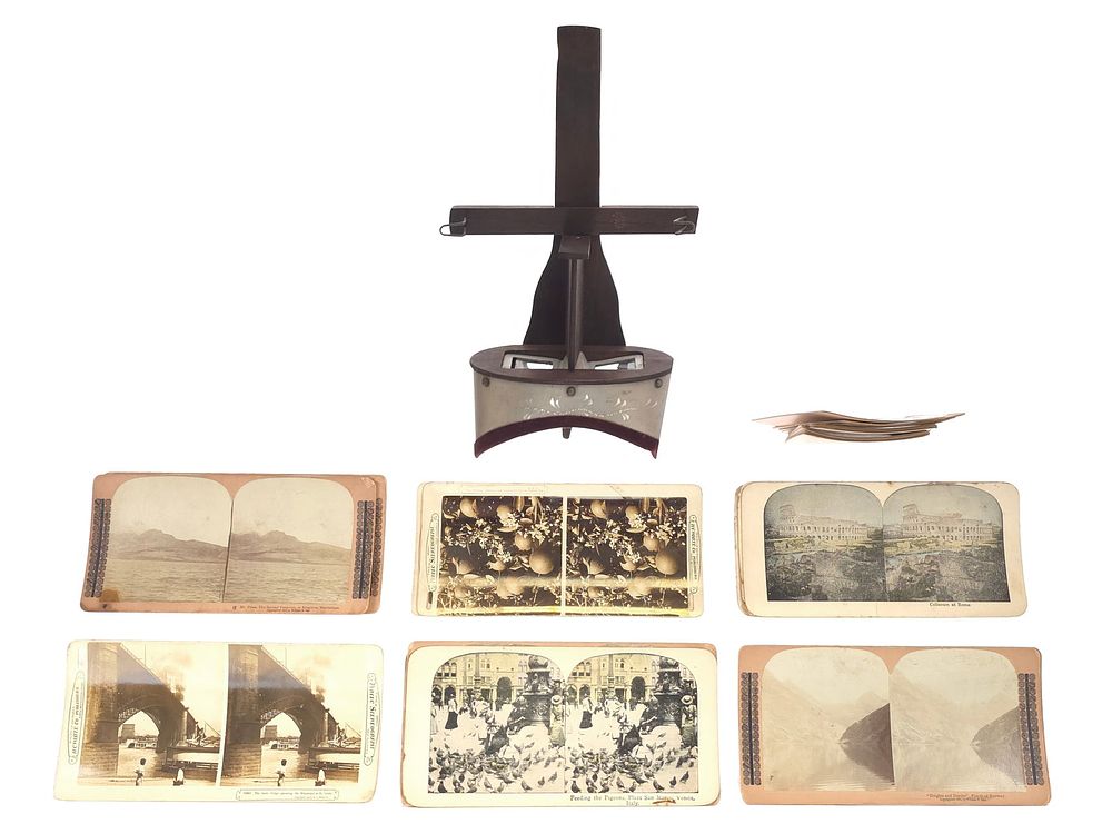 Lot 153: Antique Stereoscope Viewer with Sterogram Photos Boxed