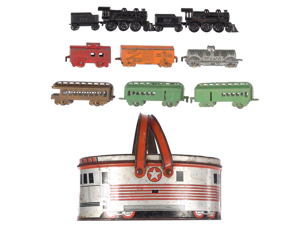 Lot 182: (3) Tootsietoy Diecast Trains & Tin Litho Carrying Box