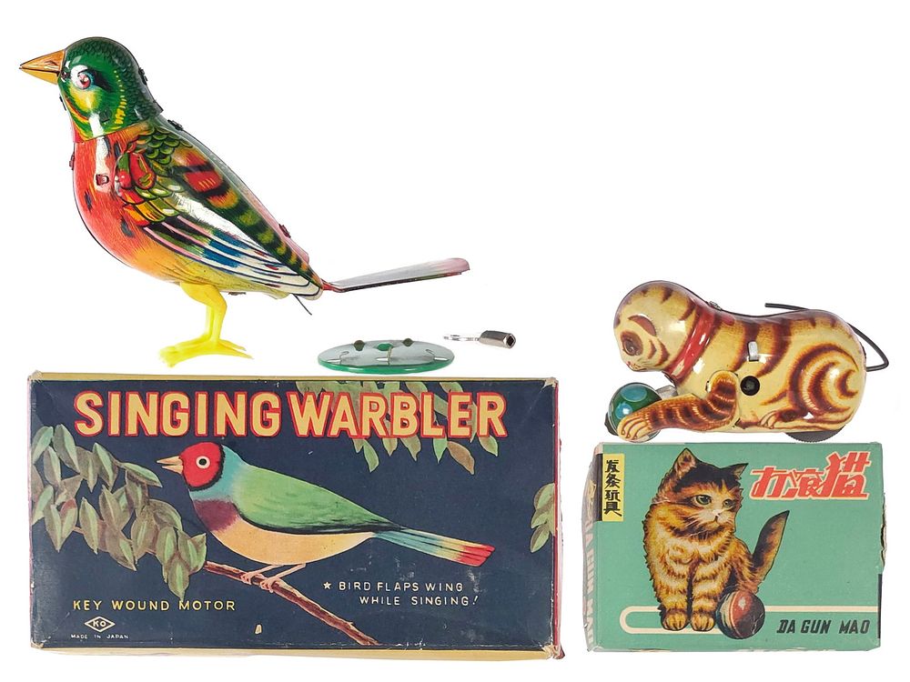 Lot 218: (2) Tin Litho Windups Cat & Singing Warbler Boxed