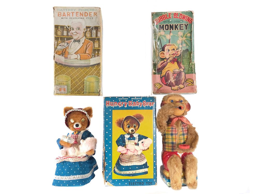 Lot 219: (3) Tin Batt. Op. Toys: Hungry Baby Bear & Bubble Blowing Monkey Boxed