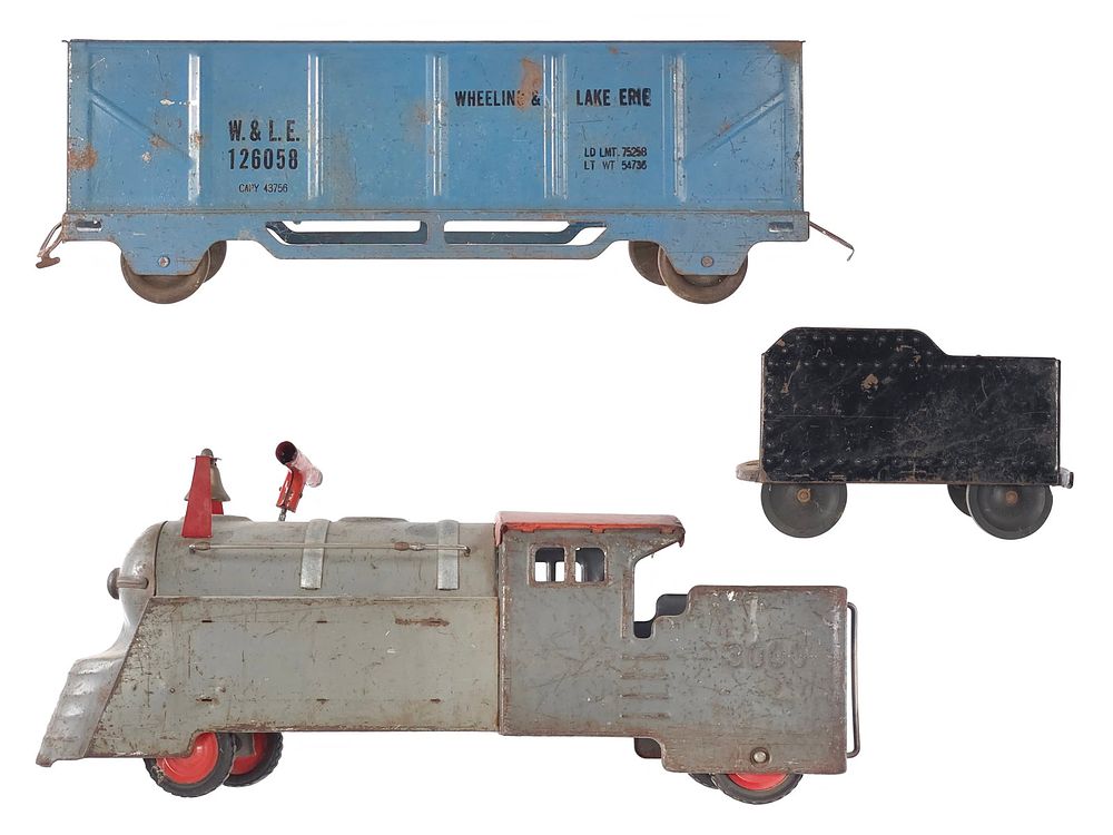 Lot 280: American Pressed Steel 3-Piece Ride-On Train Set
