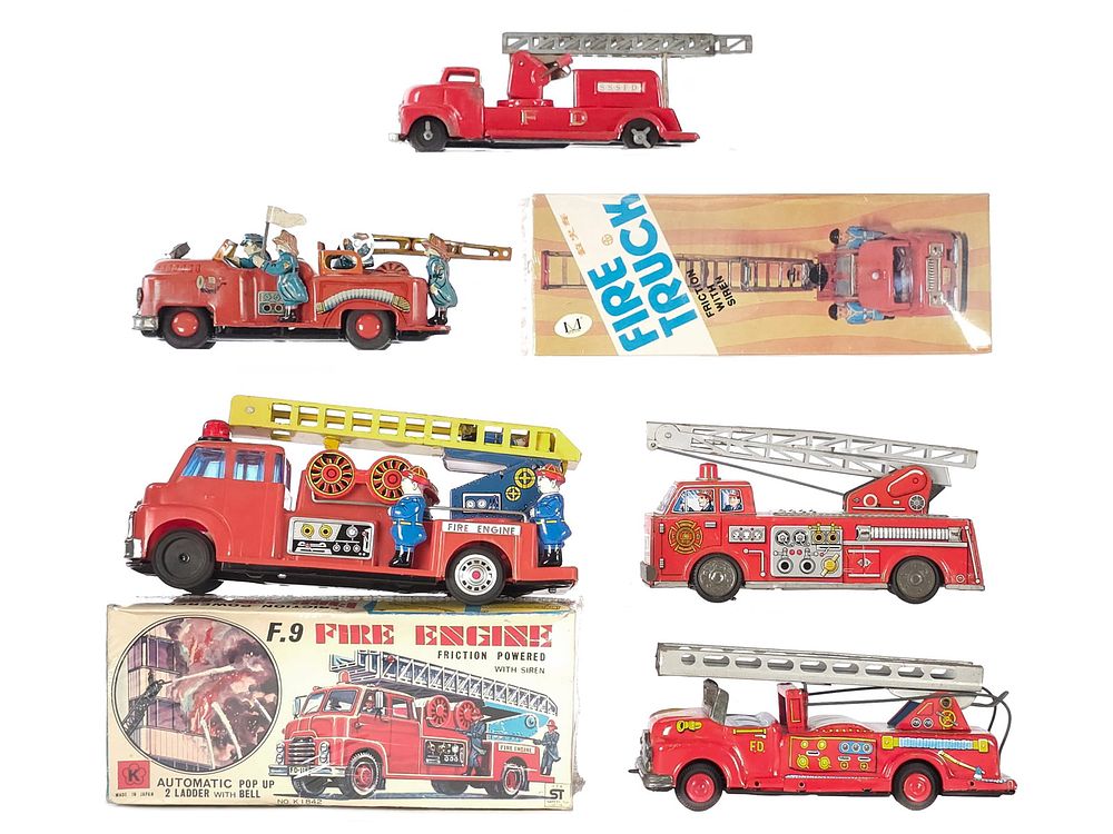 Lot 287: (6) Assorted Japanese Tin Litho Fire Ladder Trucks