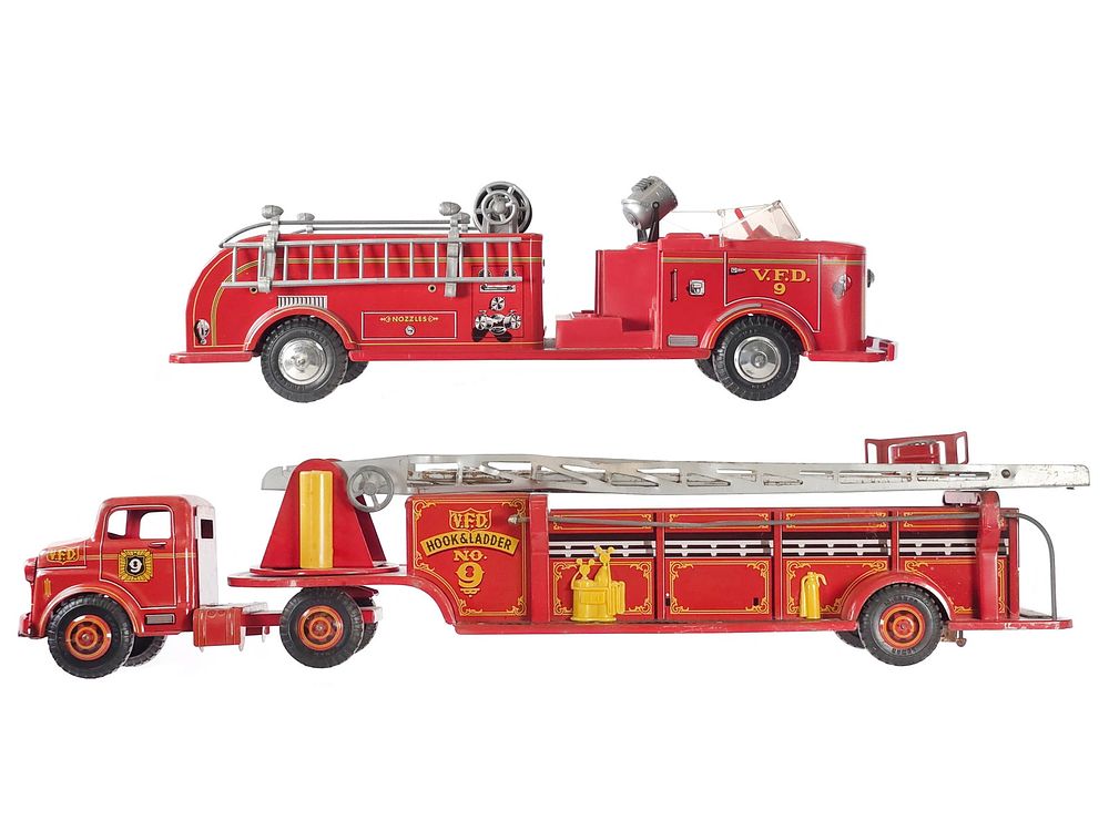 Lot 293: (2) Marx Pressed Steel Fire Ladder & Fire Pumper Truck