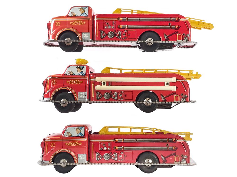 Lot 294: (3) Marx Tin Litho/Plastic Fire Ladder Trucks