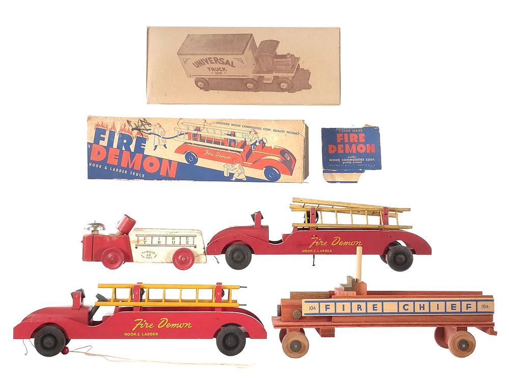 Lot 296: (4) Assorted Wooden Fire Department Truck Toys