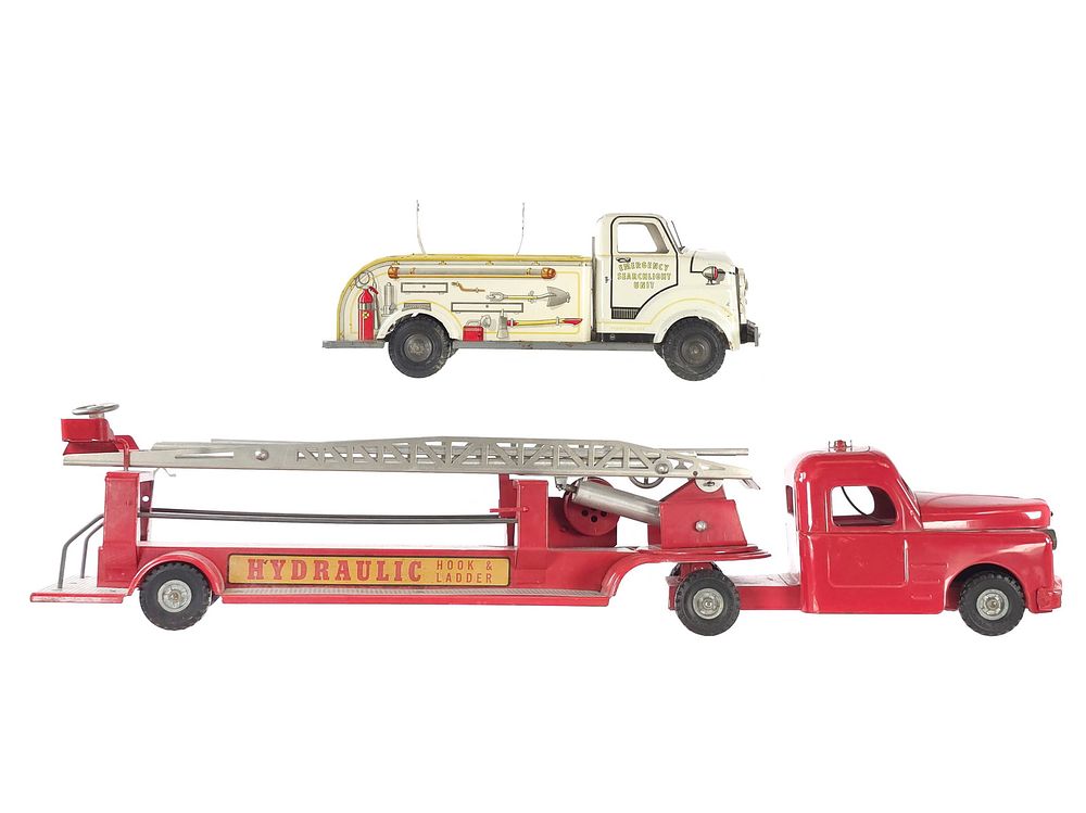 Lot 306: (2) Structo & Marx Lumar Pressed Steel Fire Trucks