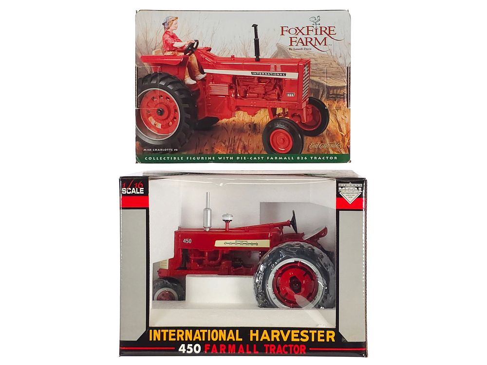 Lot 312: (2) Ertl Tractors Foxfire Farm Farmall 826 & IH 450 Tractors MIB 1:16 Scale