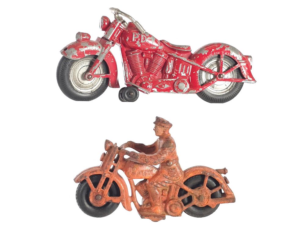 Lot 22B: (2) Hubley Orange Cast Iron Cop Motorcycle & Red P.D. Cycle