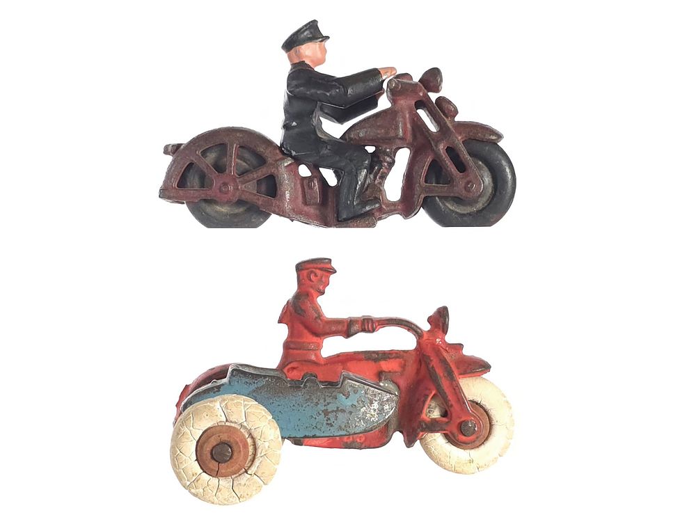 Lot 22C: (2) Hubley Sidecar Motorcycle & Cast Iron Cop with Rider