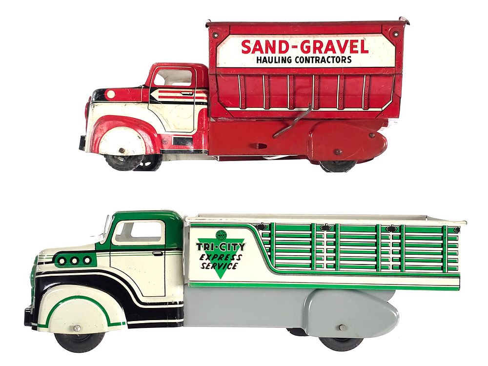 Lot 176: (2) Marx Tin Litho Tri-City Express & Sand & Gravel Dump Truck