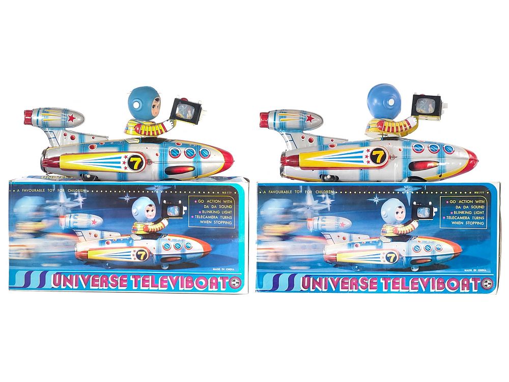 Lot 251: (2) Universe TeleviBoat Tin Space Ship Boxed, China