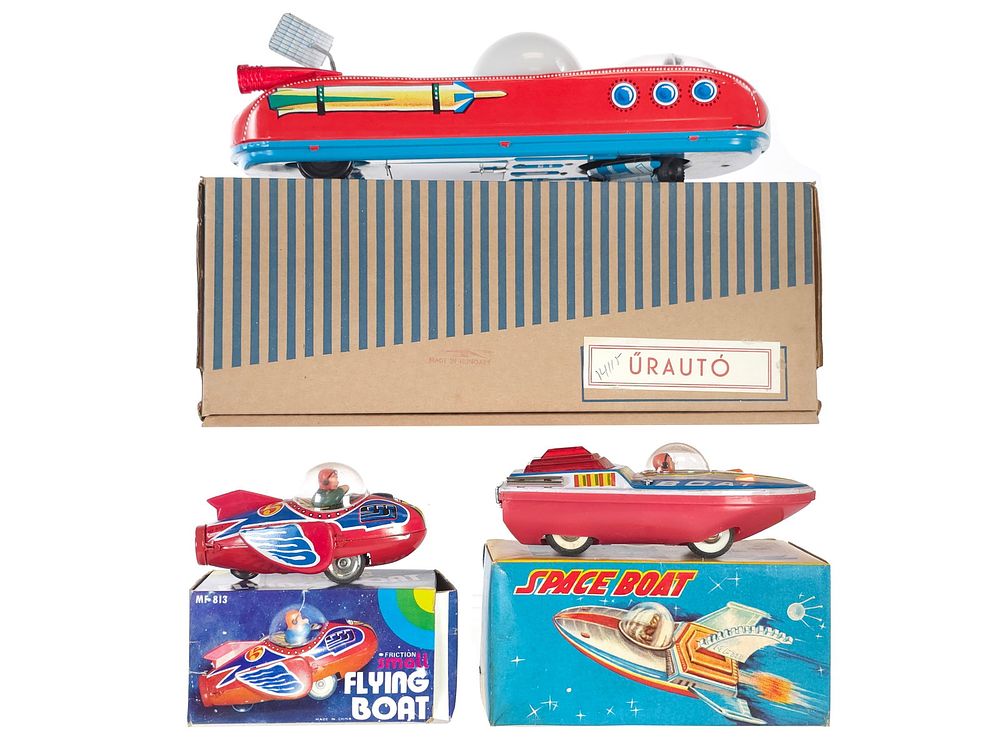 Lot 254: (3) Urauto Spaceship and Space Boat Tin Toys Boxed, Hungary