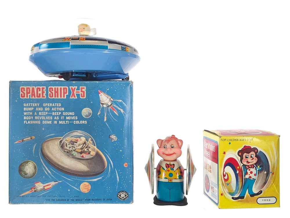Lot 261: (2) Masudaya Spaceship X-5 and Tin Bear Toy Boxed
