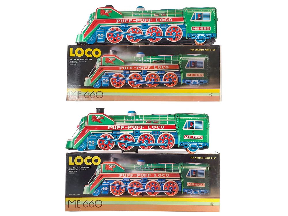 Lot 262: (2) Puff-Puff Loco Green Locomotive Chinese Tin Boxed