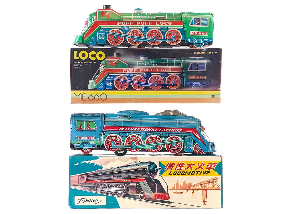 Lot 265: (2) Puff-Puff Loco & International Express Trains Chinese Tin Boxed