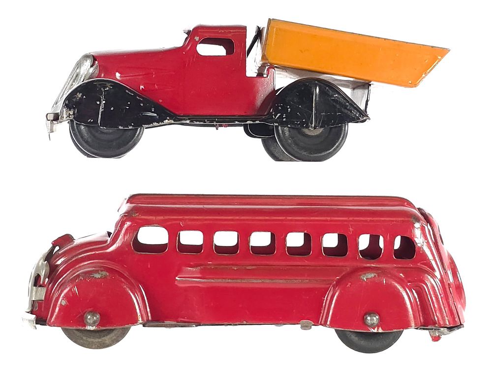 Lot 269: (2) Marx Pressed Steel Dump Truck & Red Bus