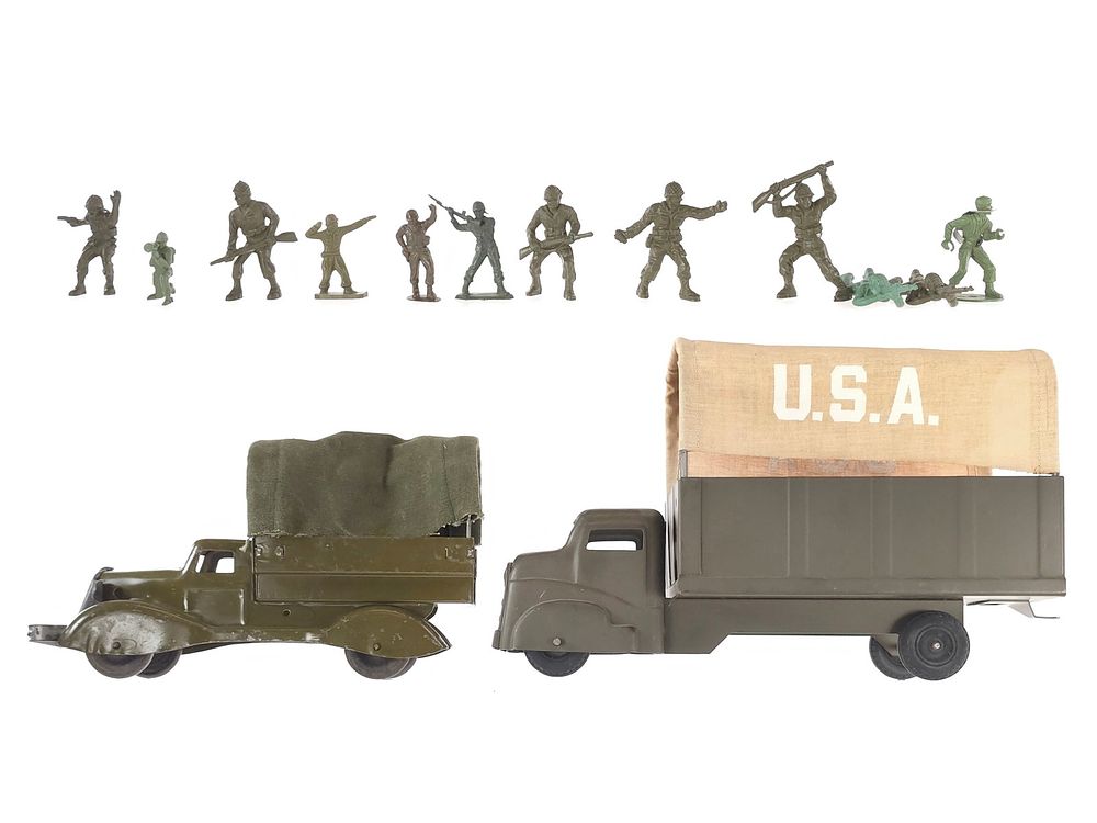 Lot 280: (2) Structo & Marx Pressed Steel Army Trucks