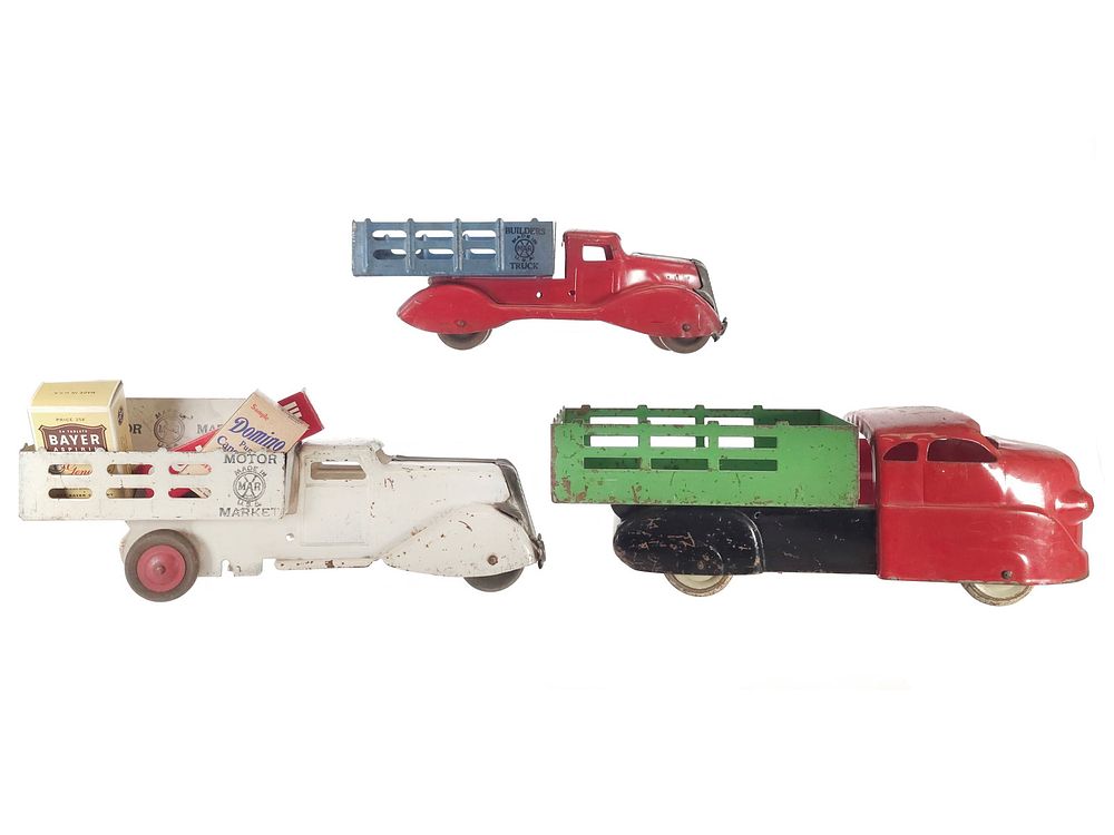 Lot 286: (3) Marx Pressed Steel Stake Delivery Trucks
