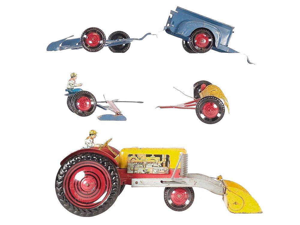 Lot 312: Large Marx Pressed Steel Tractor & Accessories
