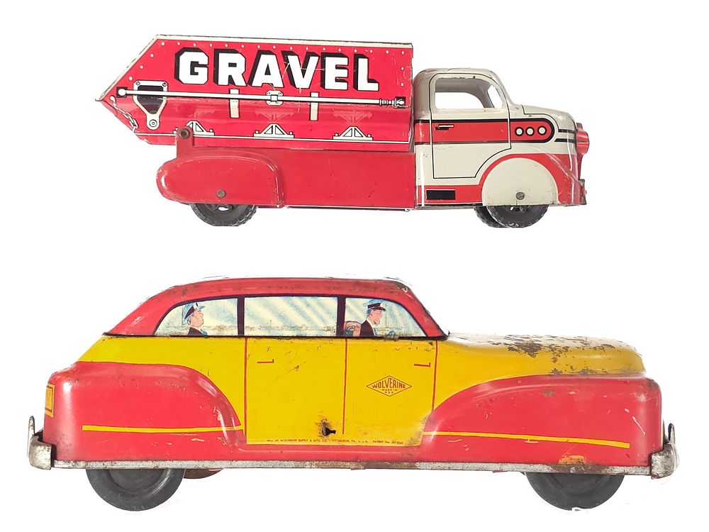 Lot 328: (2) Marx Sand & Gravel Dump Truck & Wolverine Mystery Taxi