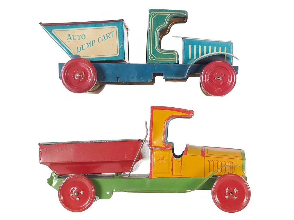 Lot 347: (2) J. Chein Auto Dump Cart & Dump Truck Tin Litho
